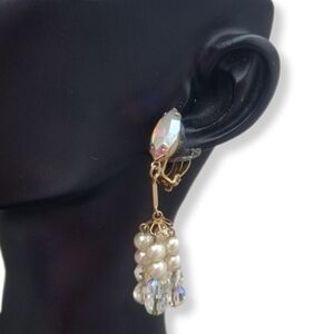 LEWIS SEGAL 1960s AB CRYSTAL & FAUX PEARL CHANDELIER CLIP ON EARRINGS